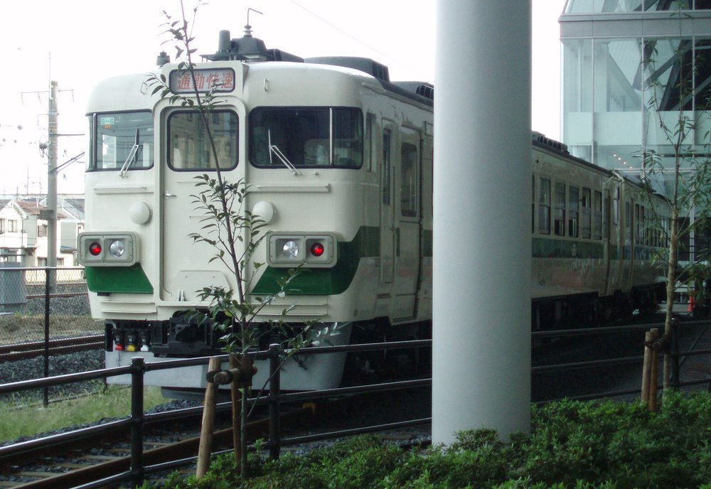 鐵道博物館戶外的 455 系電車:奶油色車身、綠色腰帶,車頭上方的行先標寫著紅字「通勤快速」,停在鐵柵欄後的軌道上,右邊是一根白色粗柱子與玻璃帷幕的館舍,前景是灌木叢與一棵剛種下的小樹