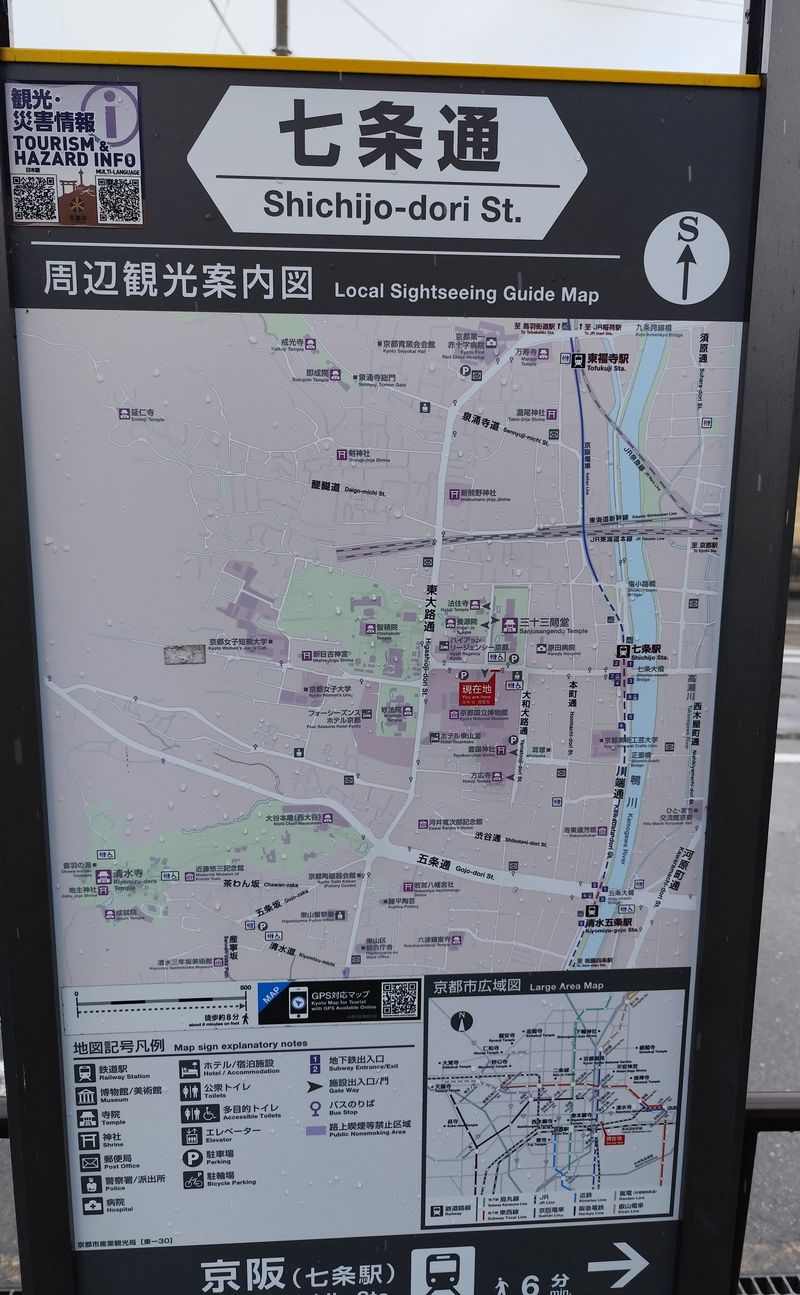 立在七条通旁的觀光導覽地圖看板：頂端是「七条通 Shichijo-dori St.」與「周辺観光案内図」，右上角標著 S 與向上箭頭，地圖中央紅色的「現在地」在京都國立博物館旁，上方標著三十三間堂，右側是鴨川與京阪七条站，左下是清水寺；看板底部寫著往京阪（七条駅）步行 6 分