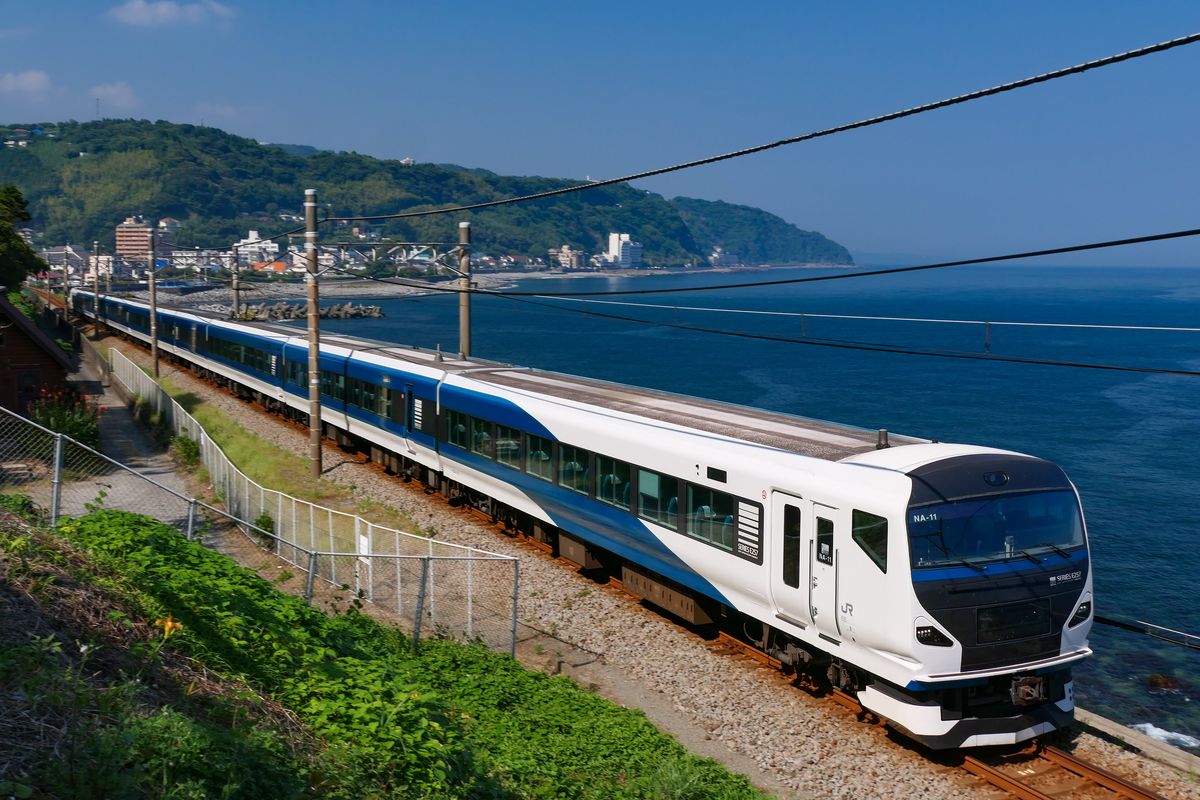 一般踴子號 E257 系行駛在伊豆的海邊:白色車身、藍色腰帶,車頭擋風玻璃標著 NA-11、車頭下方印著 SERIES E257,背景是海、山坡與海岸小鎮