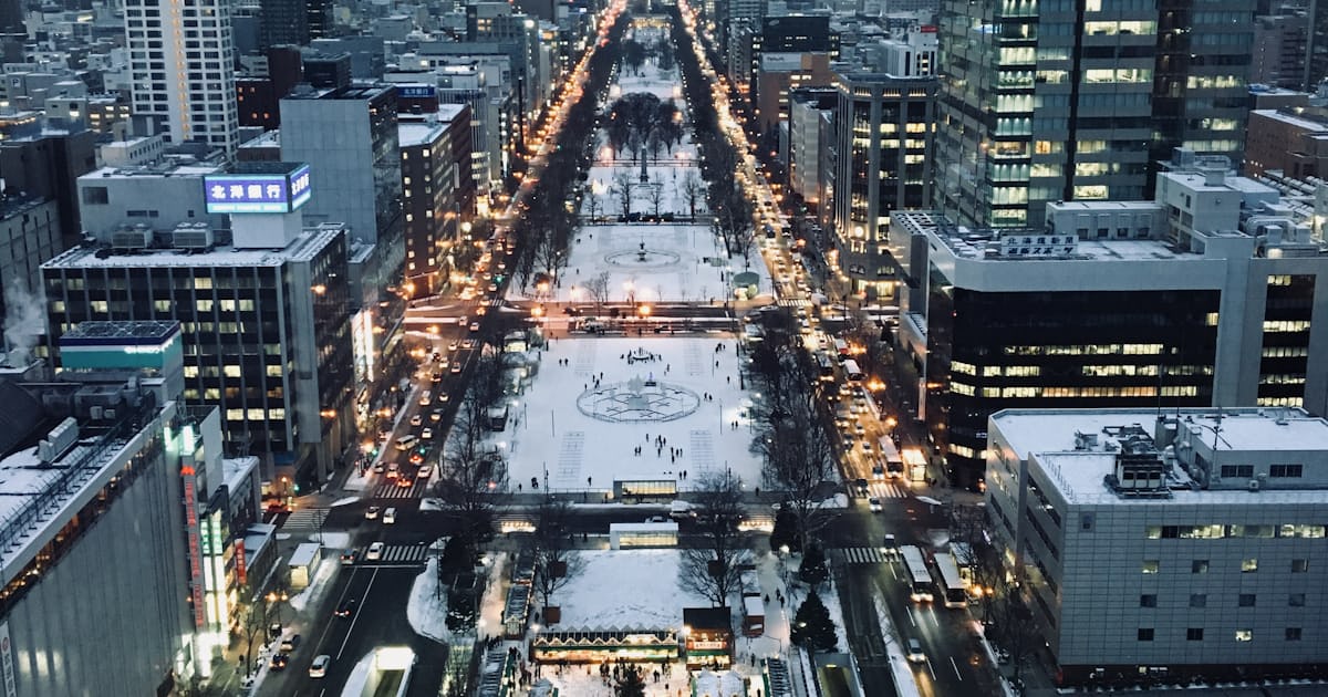 Aerial view of Odori Park and the surrounding winter streetscape in Sapporo