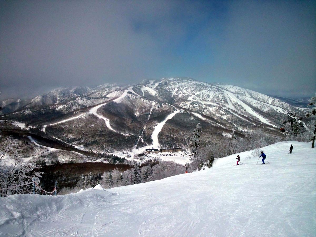 積雪的燒額山正面，山上有好幾條從山頂直落的雪道，山腳有一片建築與停車場，右下前景是東館山的雪道與幾位滑雪者