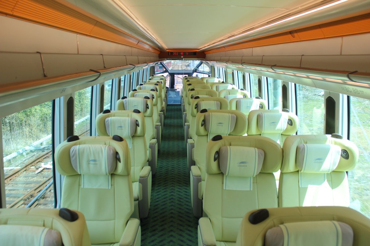 島風號豪華座車廂內部:奶油色皮革座椅一排三席,左邊單人、右邊兩人並排,綠色地毯,走道盡頭看得到車頭的大片前窗