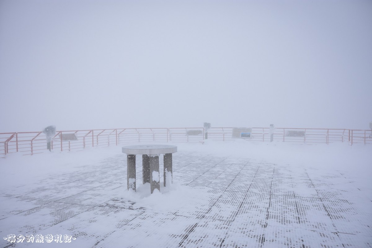 西穗高口站屋上展望台在濃霧中,整片鐵格柵地板積著雪,紅色欄杆外什麼都看不到,中央一座圓形展望指示台被雪覆蓋