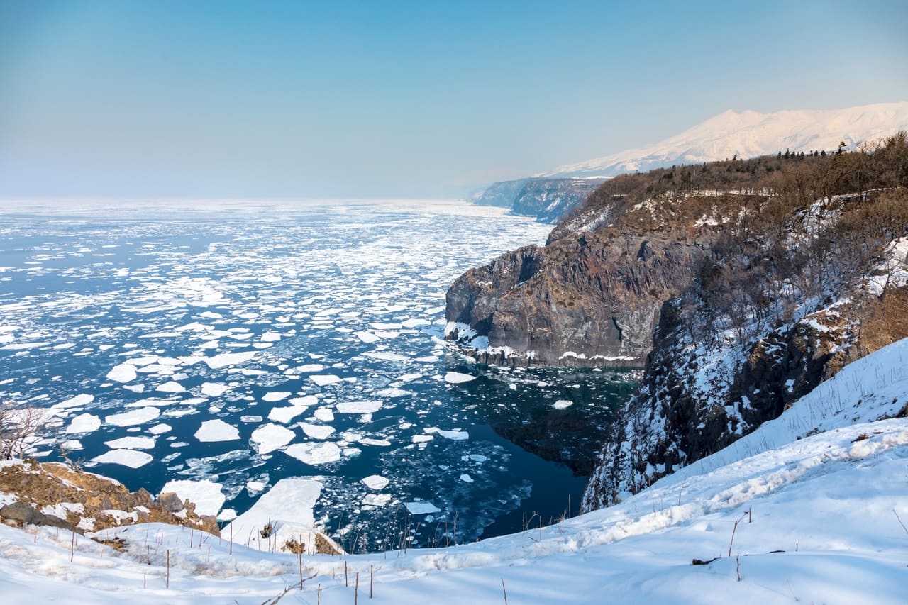 Drift ice reaching the shore of the Sea of Okhotsk in winter
