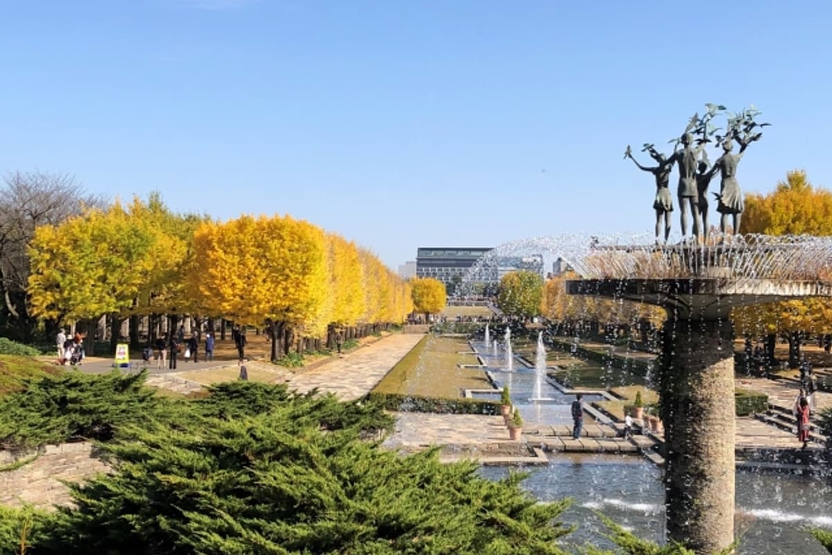 Showa Memorial Park Kanal Waterway with two symmetrical rows of ginkgo trees reflecting on the water surface, signature autumn composition