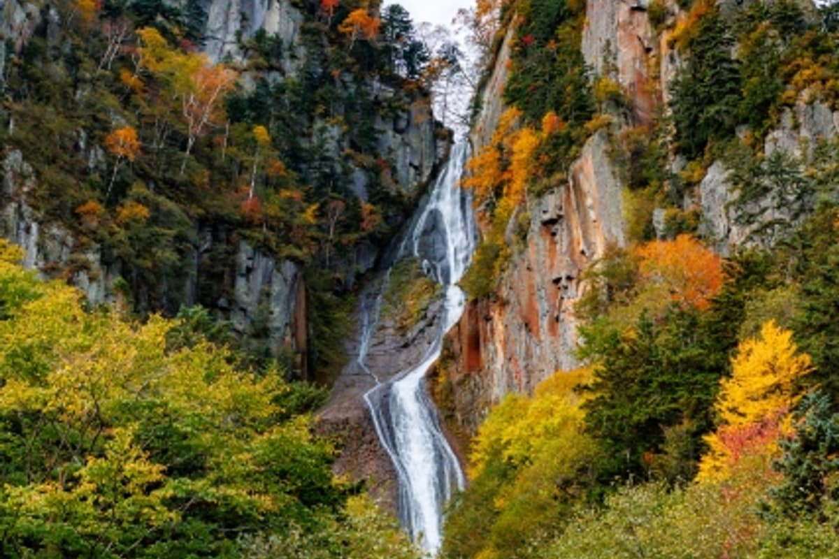 Sounkyo basalt cliffs in autumn: towering columnar pillars framing red maple canopy along the Ishikari River