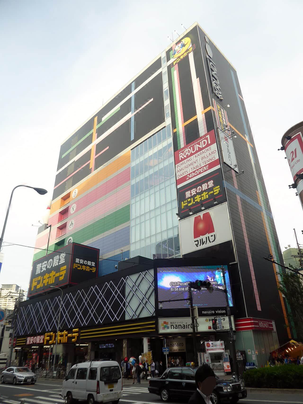 日本唐吉訶德(ドンキ)門市外觀,五顏六色的招牌與密集陳列,綜合折扣店的代表