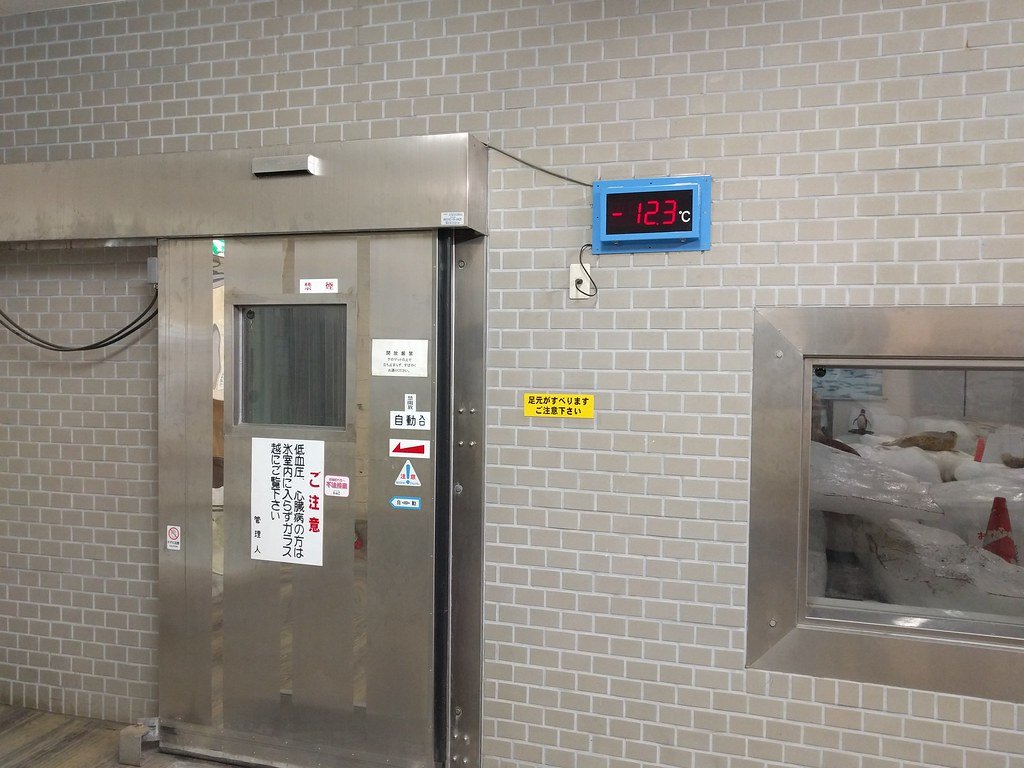 宗谷岬流氷館冰室的不鏽鋼自動門,門上方的電子溫度計顯示 -12.3℃,門上貼著「低血圧、心臓病の方は氷室内に入らずガラス越しにご覧下さい」的注意告示,右邊有一扇看得到冰塊的觀察窗