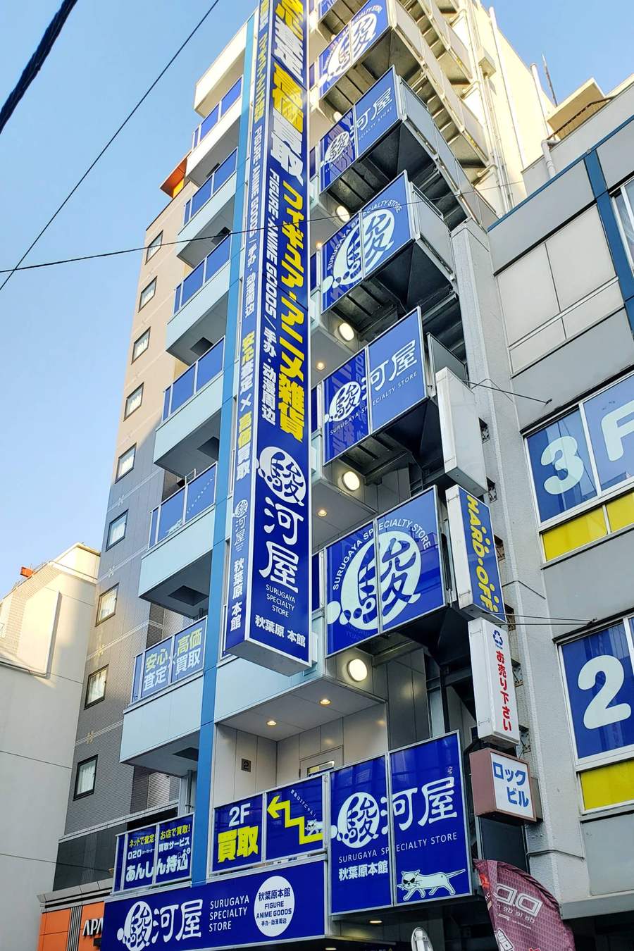 The Suruga-ya Akihabara main building, blue-and-white signage stacked vertically up eight floors