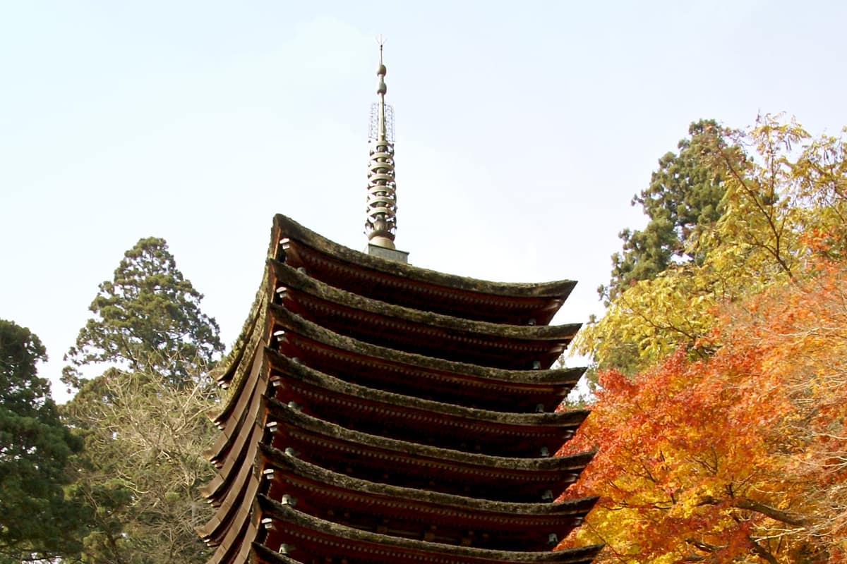 談山神社朱紅色十三重塔,塔身兩側楓葉轉紅,是關西最具辨識度的紅葉構圖之一