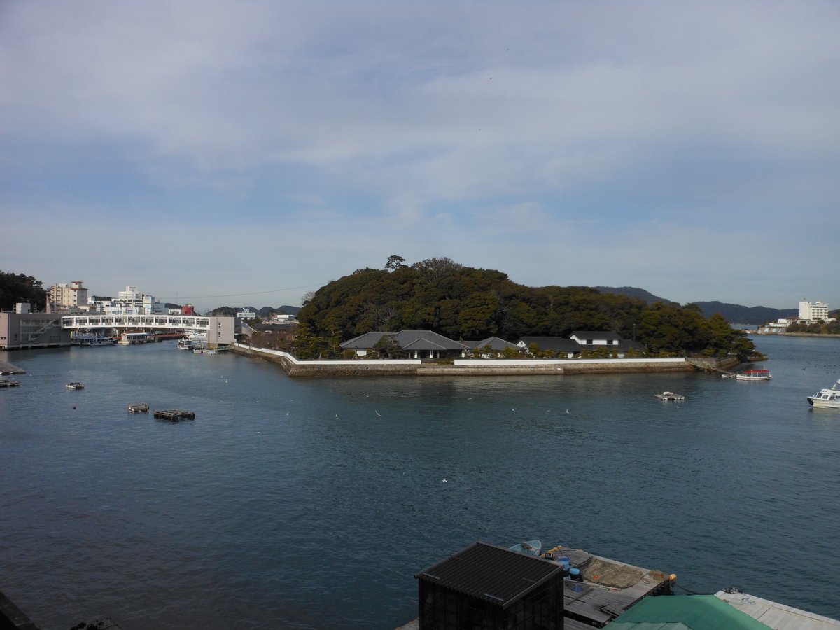 從鳥羽水族館往海上看ミキモト真珠島:灣內一座長滿樹的小島,岸邊有低矮的和風建築,左側有橋連到對岸,海面上停著幾艘小船