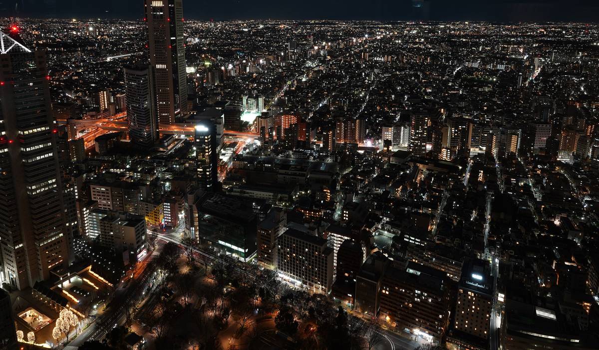 從高處往西看的夜景，密密麻麻的住宅與大樓燈光一路延伸到地平線，左側有兩棟頂上亮著紅色航空燈的高樓，左下角是一片樹林與幾棵掛滿白色燈飾的樹
