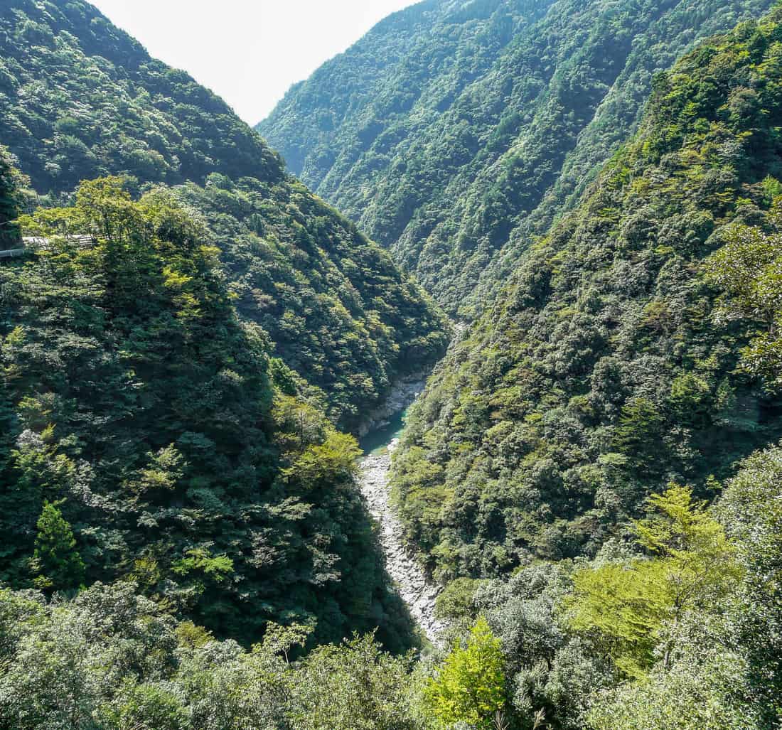 The Iya Valley gorge seen from an observatory, with layered green ridges