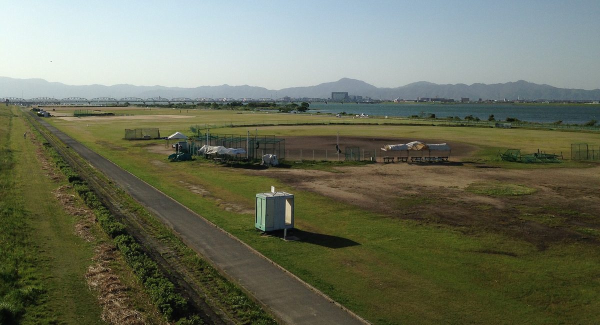 從吉野川大橋往上游看:左邊是長草的南岸堤防與一條河岸步道,中間是寬闊的河川敷運動場,右邊是河面,遠方橫著一座灰色多跨桁架橋,背後是一排山