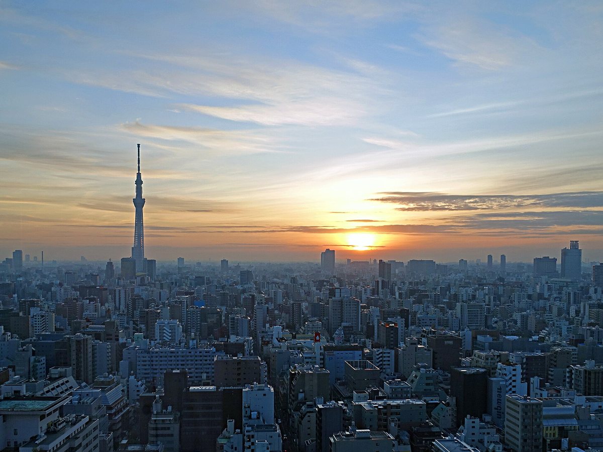 Sunrise over the Tokyo skyline seen from height, the sun sitting just above the rooftops with Tokyo Skytree in silhouette on the left