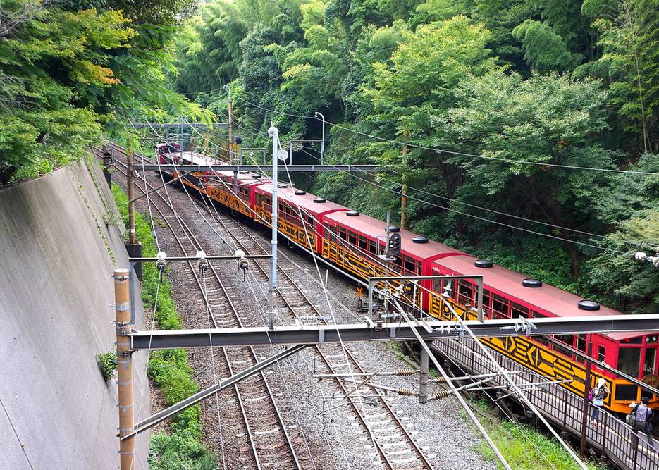 2014 年 8 月從上方往下看小火車嵐山站：紅黃兩色的現行車停在山壁旁低處的月台，旁邊是 JR 嵯峨野線的雙線軌道與架線，月台後面是竹林與樹林