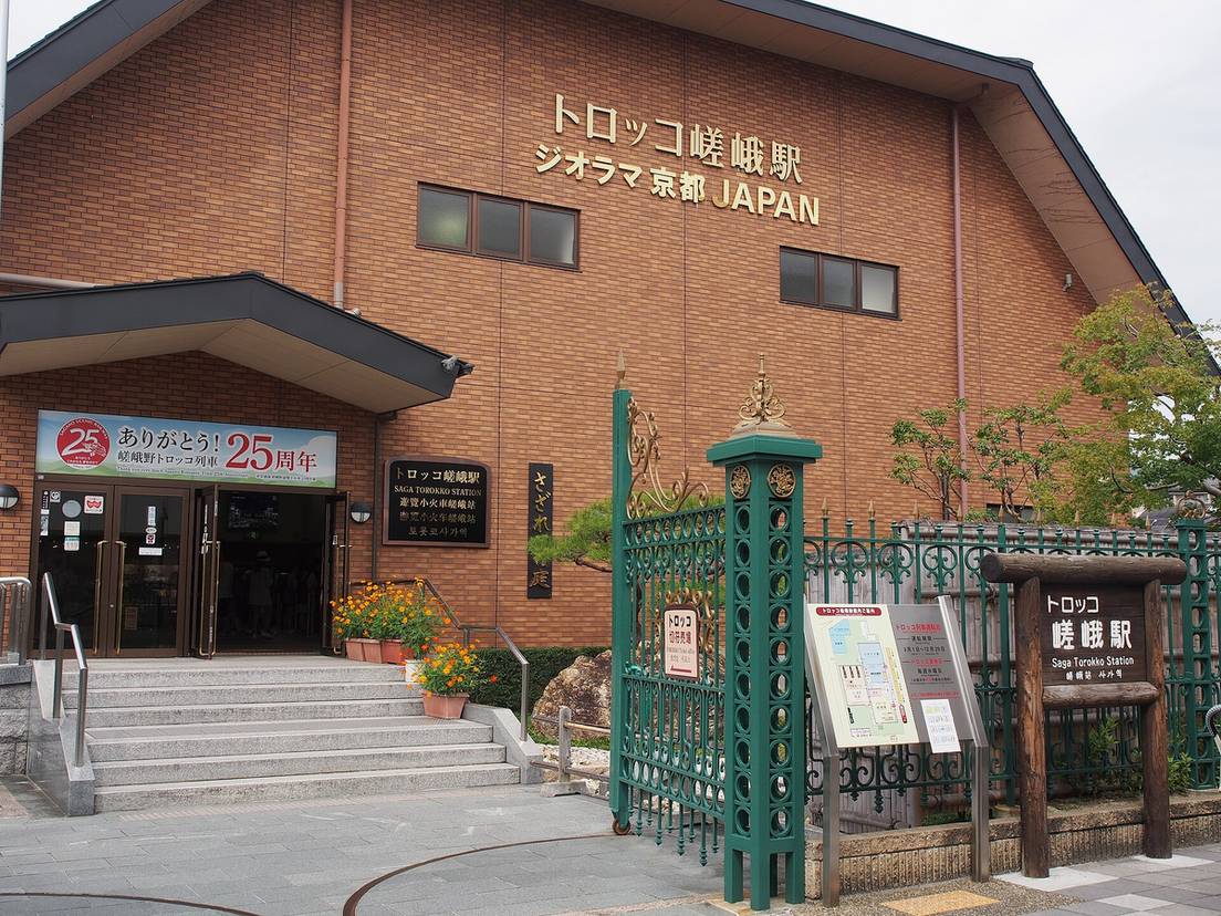 小火車嵯峨站入口：紅磚色建築外牆有金色的「トロッコ嵯峨駅 ジオラマ京都JAPAN」字樣，綠色鑄鐵大門敞開，門上掛著「トロッコ切符売場」的牌子，右側木牌寫著「トロッコ嵯峨駅」，入口上方掛著 25 週年的布條