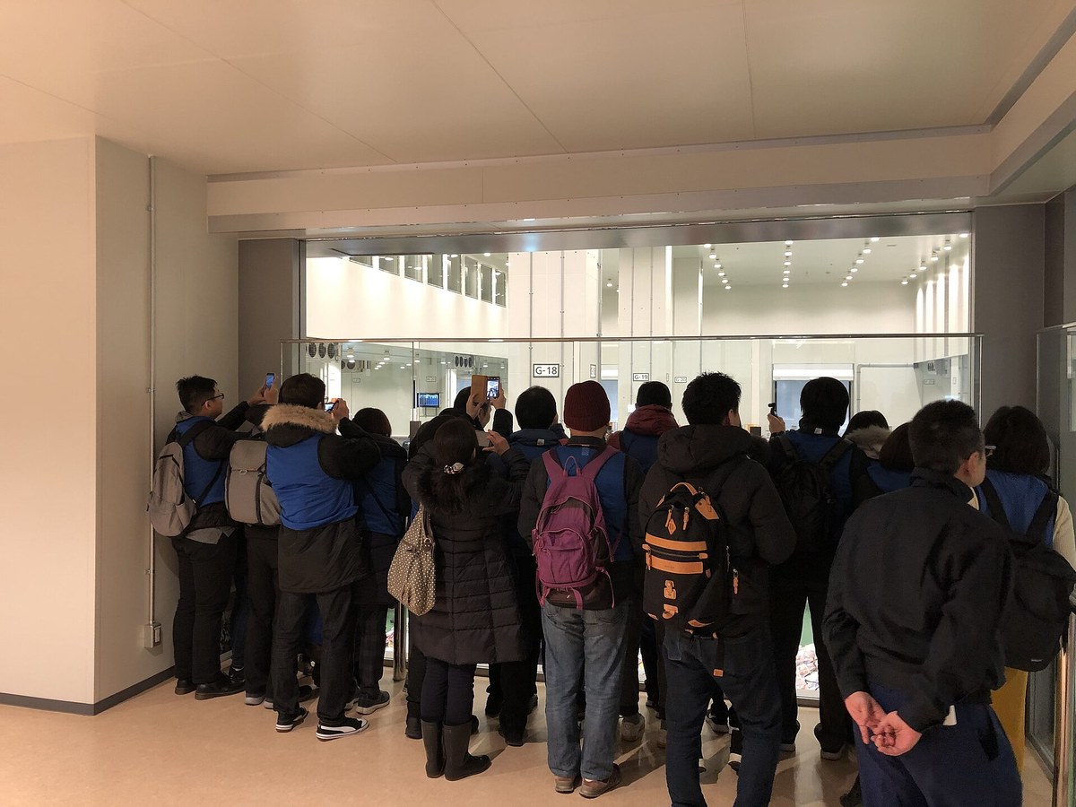 A crowd of visitors in blue lottery vests pressed against the glass of the Toyosu tuna auction viewing deck, holding up phones to photograph the auction below