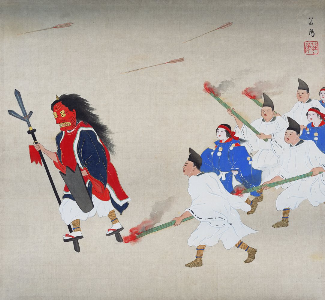 1928 plate depicting the tsuina rite at Yoshida Shrine in Kyoto, with the hoso-shi carrying a halberd and shield ahead of torch-bearing attendants and blue-robed child acolytes