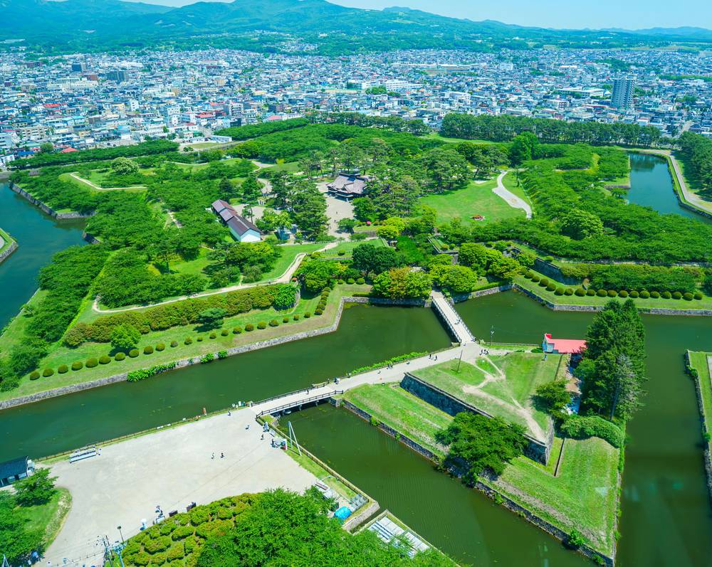 從五稜郭塔俯瞰的五稜郭公園:星形土壘與護城河、滿眼深綠的樹林,遠方是函館市街與覆著綠意的山稜,天空是幾乎無雲的藍
