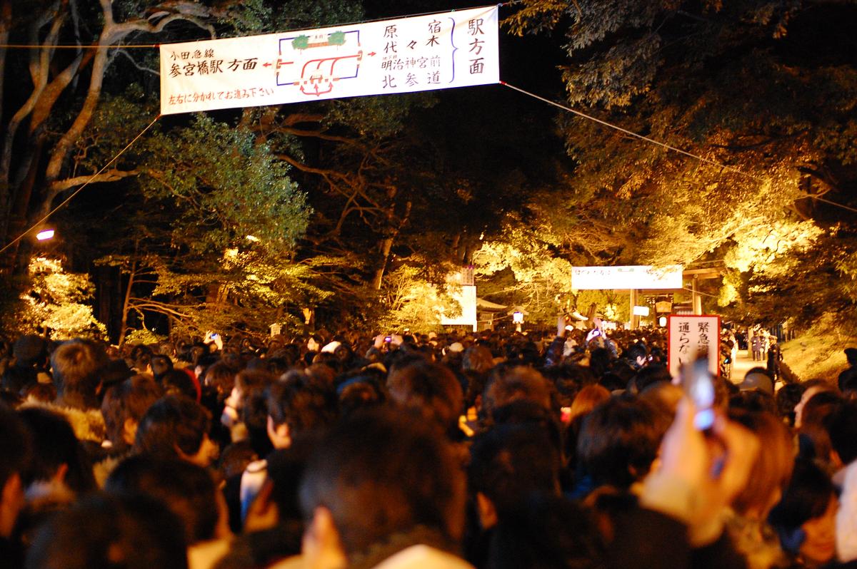 日本神社參道夜間的初詣人潮,畫面幾乎全是背對鏡頭的頭頂,前方樹林被暖黃色投射燈打亮;上方橫掛一條白布條,左邊寫「小田急線 参宮橋駅方面 ←」、右邊寫「→ 原宿・代々木・明治神宮前・北参道 駅方面」,下方小字「左右に分かれてお進み下さい」,右側立著一面紅框直式告示