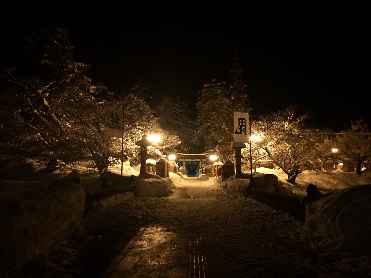 冬夜的上杉神社參道入口：路燈照亮積雪的石板路，左右各一支寫著「毘」與「龍」的白色旗幟，兩旁有石燈籠和一排頂上積雪的木框，盡頭是鳥居，樹枝上壓滿雪