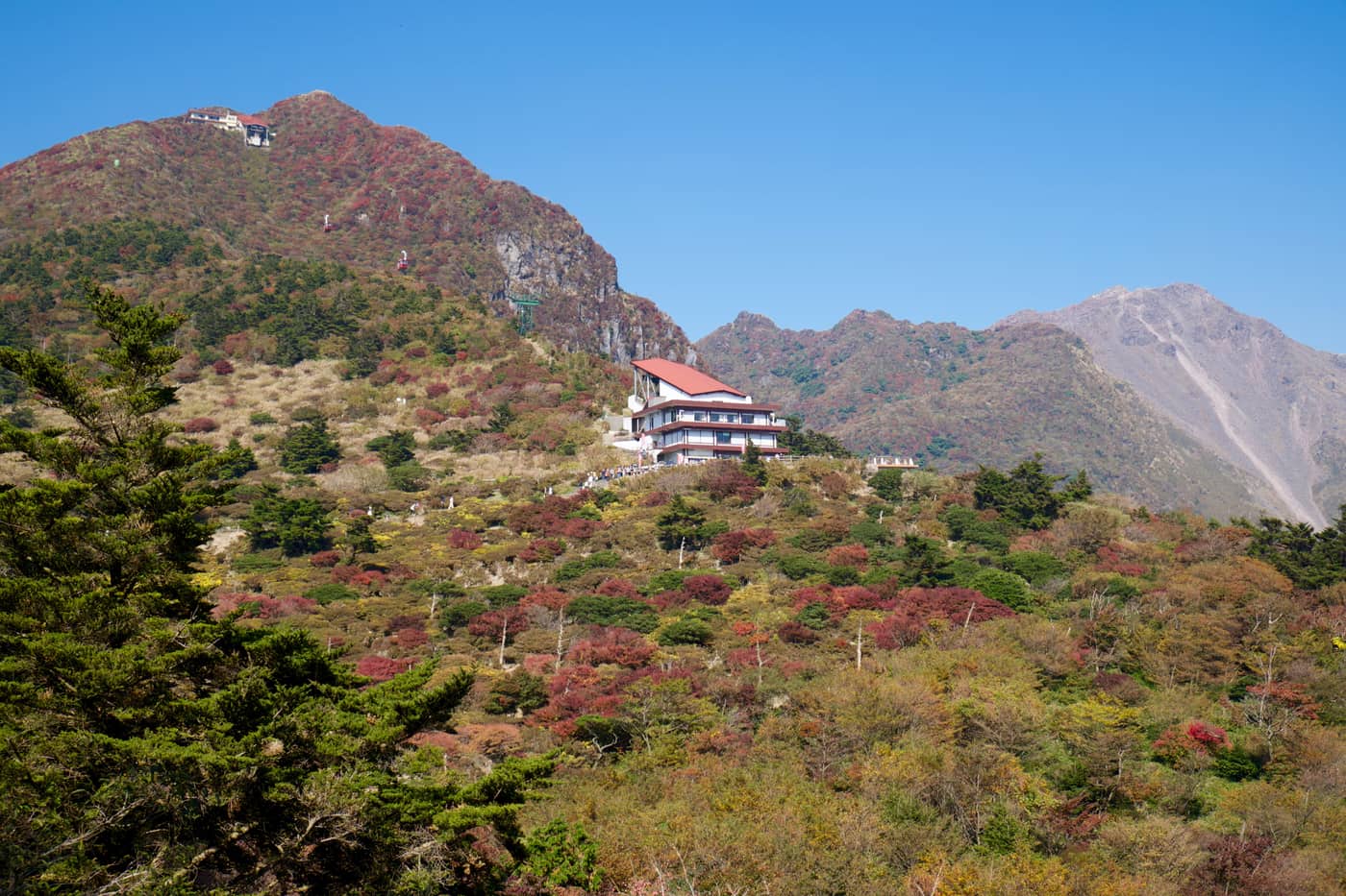 Unzen Ropeway's Myokendake summit station and the surrounding autumn-colored slopes, Unzen City, Nagasaki