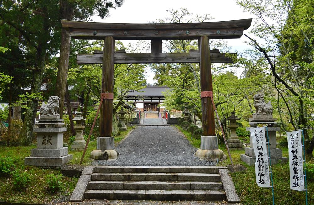 伊太祁曽神社的木造鳥居:粗大的原木柱與笠木,兩側是石造狛犬和石燈籠,碎石參道穿過新綠樹林通往後方的社殿,右前方白色幟旗上直寫「伊太祁曽神社」